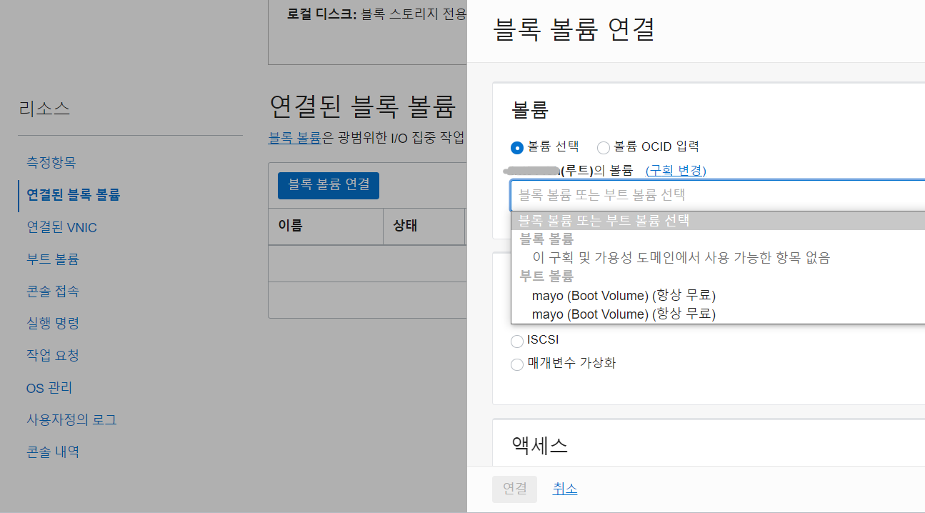 블록 볼륨 연결 탭에 표시된 연결할 수 있는 볼륨들