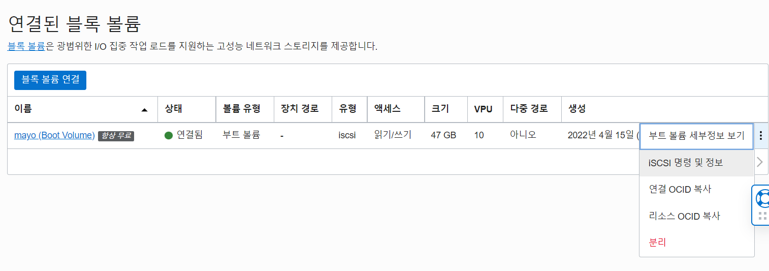 연결된 블록 볼륨의 iSCSI 명령 및 정보 버튼