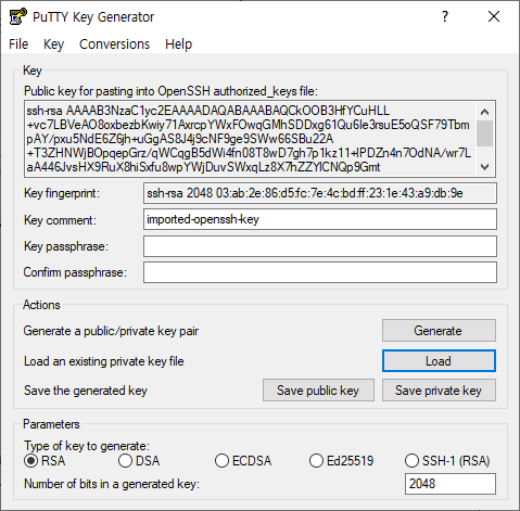 PuTTY Key Generator에서 Key가 로드된 화면