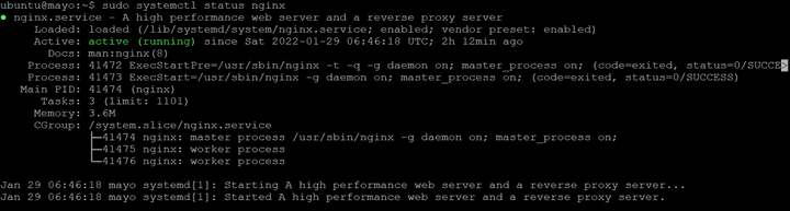 systemctl status nginx 명령어 실행 결과