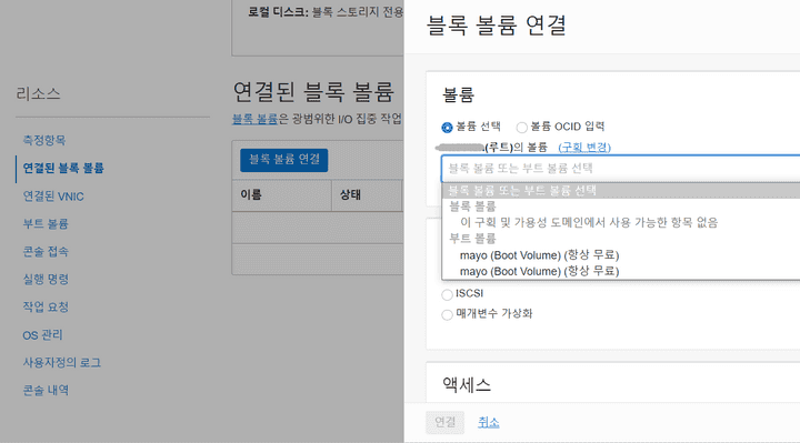 블록 볼륨 연결 탭에 표시된 연결할 수 있는 볼륨들